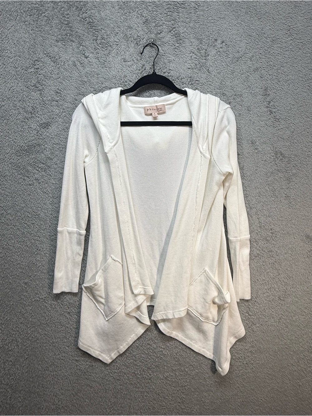 Philosophy White Thermal Waffle Knit Draped Hooded Cardigan